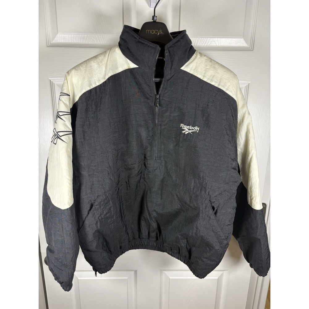 Vintage 90s Reebok Jacket L Black White Colorblock Nylon Insulated Windbreaker